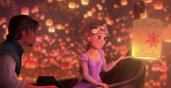 Tangled / Rapunzel - Rapunzel, Flynn Rider (Eugene Fitzherbert), on the boat in the night with the lantern, di notte sulla barca con le lanterne