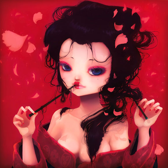 Ludovic Jacqz - Geisha, kawaii and sensual girl with red kimono