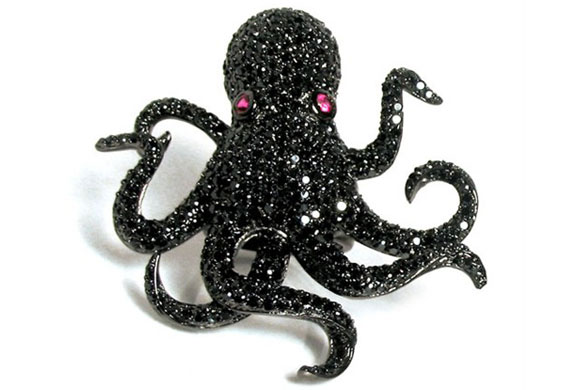 Noir Jewelry - Jules the Octopus, Cubic Zirconia encrusted Black Pave Octopus Ring - Anello Polipo con pietre nere incastonate - Swarovski