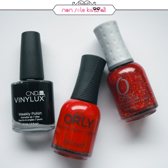 non solo Kawaii, CND Vinylux Weekly Polish Black Pool #105, Orly “Naughty Or Nice Collection” Devil May Care, Orly “Secret Society Collection” Risque Encounter